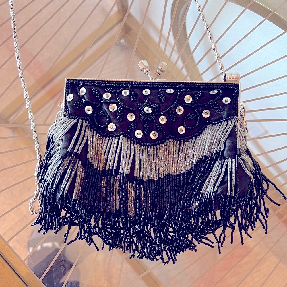 VINTAGE Black Fringe Clutch with Silver Chain
